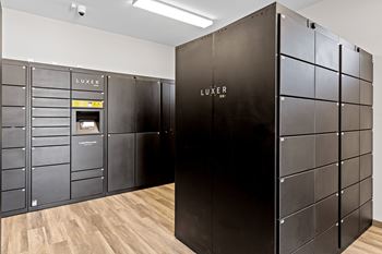 A black LUXER cabinet with a drawer open is in the foreground.